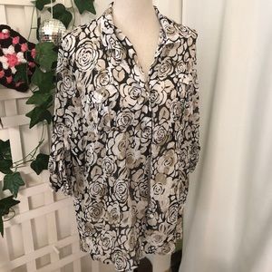90s Sag Harbor Floral Sheer Blouse Beige and Black Sz XL